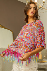 BiBi Openwork Fringed Knit Cover Up Burnt Orange Multi OutfitFlow